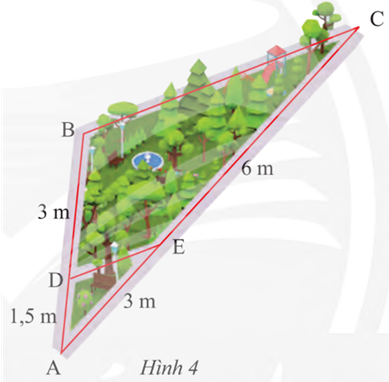 Hãy tìm các đoạn thẳng tỉ lệ trong hình vẽ sơ đồ một góc công viên ở Hình 4. (ảnh 1)