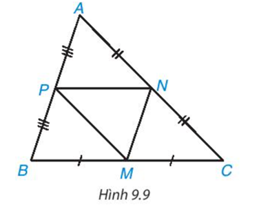 Trong Hình 9.9, ABC là tam giác không cân; M, N, P lần lượt là trung điểm của BC, CA, AB. Hãy tìm trong (ảnh 1)