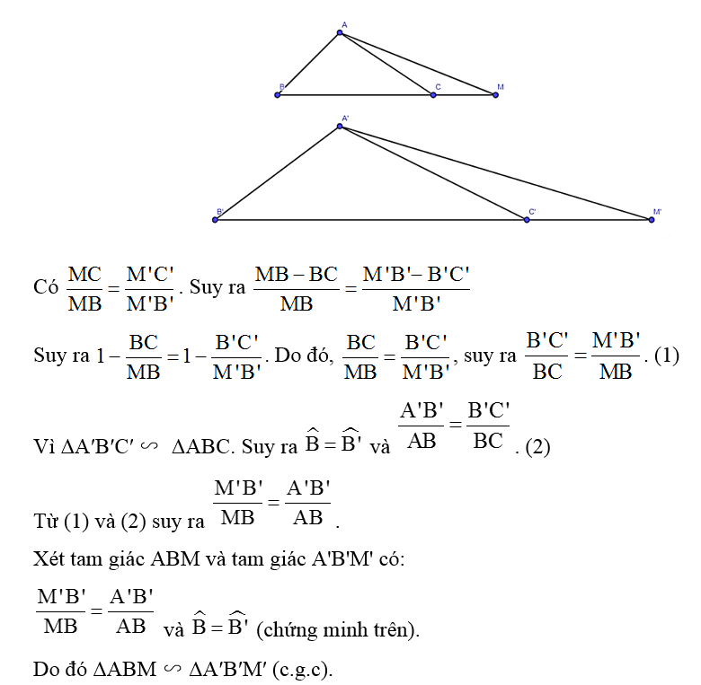 Cho tam giác A'B'C' ∽ tam giác ABC. Trên tia đối của các tia CB, C'B' lần lượt lấy các điểm M, M' sao cho (ảnh 1)