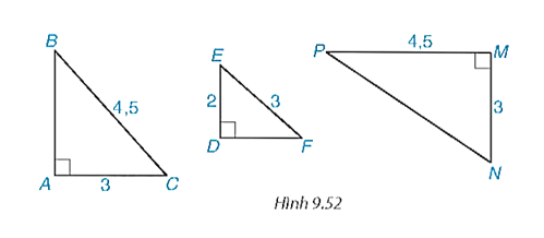 Hãy chỉ ra các cặp tam giác vuông đồng dạng với nhau trong Hình 9.52, viết đúng kí hiệu đồng dạng. (ảnh 1)