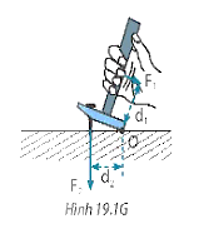 Dùng búa để nhổ đinh như hình 19.5.  a. Hãy chỉ ra trục quay, lực tác dụng, cánh tay đòn trong trường hợp này. (ảnh 2)