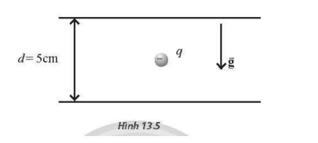 Trong vùng không gian giữa hai tấm kim loại phẳng, tích điện trái dấu nhau và cách nhau một đoạn d = 5cm có một hạt bụi kim loại tích (ảnh 1)
