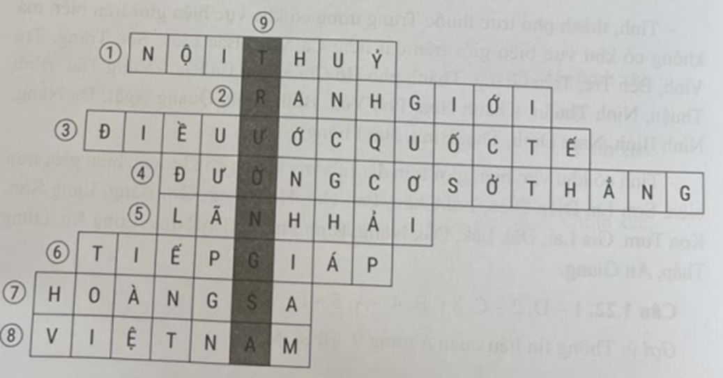 a) Tìm các ô chữ ở 8 hàng ngang để có từ ngữ ở hàng dọc 9) trong hình 1.2, biết từ ngữ ở mỗi hàng ngang được sử dụng trong Bài 1 SGK và thông tin sau: (ảnh 2)