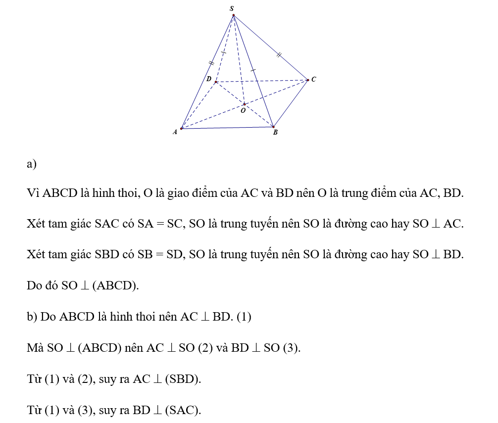 Cho hình chóp S.ABCD có đáy ABCD là hình thoi tâm O và SA = SC, SB = SD. Chứng minh rằng: (ảnh 1)