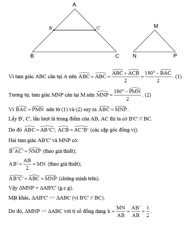 Cho tam giác ABC cân tại đỉnh A và tam giác MNP cân tại đỉnh M. Biết rằng (ảnh 1)