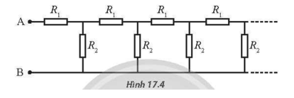 Mạch điện trở như Hình 17.4 kéo dài đến vô hạn. Biết R1= 4ôm;R2= 3 ôm . Tính điện trở tương (ảnh 1)
