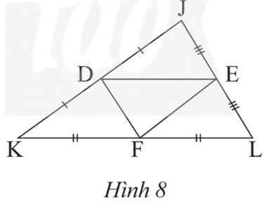 Trong Hình 8, cho biết JK = 10 cm, DE = 6,5 cm, EL = 3,7 cm. Tính DJ, EF, DF, KL. (ảnh 1)