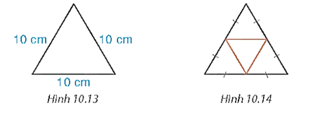 Vẽ và cắt một tam giác đều có cạnh 10 cm (H.10.13) rồi gấp theo đường màu cam để được hình chóp tam giác đều (H.10.14).  (ảnh 1)