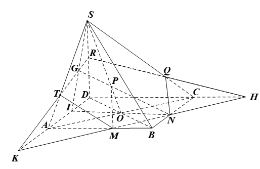 Cho hình chóp S.ABCD có đáy ABCD là hình bình hành và O là giao điểm của AC và BD. Gọi M, N, P lần lượt là ba điểm nằm trên các cạnh AB, BC, SO. Xác định giao tuyến của mặt phẳng (MNP) với các mặt của hình chóp S.ABCD (nếu có). (ảnh 1)