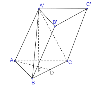 Cho khối lăng trụ ABC.A'B'C' có đáy là các tam giác đều cạnh a, A'A = A'B = A'C = b. Tính thể tích của khối lăng trụ. (ảnh 1)
