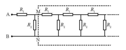 Mạch điện trở như Hình 17.4 kéo dài đến vô hạn. Biết R1= 4ôm;R2= 3 ôm . Tính điện trở tương (ảnh 2)