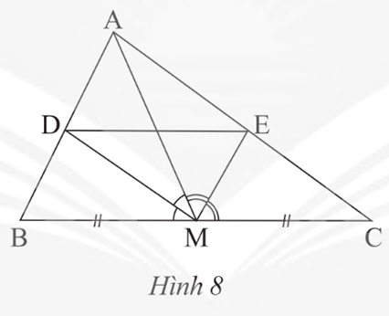 Cho tam giác ABC có trung tuyến AM. Đường phân giác của góc AMB cắt AB tại D và đường phân giác của góc AMC cắt AC tại E (Hình 8). Chứng minh DE // BC. (ảnh 1)