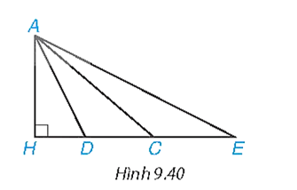 Cho Hình 9.40, trong các đoạn thẳng AC, AD, AE đoạn nào có độ dài lớn nhất, đoạn nào có độ dài nhỏ nhất? (ảnh 1)