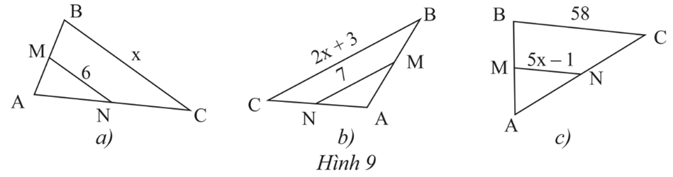 Cho MN là đường trung bình của mỗi tam giác ABC trong Hình 9. Hãy tìm giá trị x trong mỗi hình. (ảnh 1)