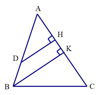 Cho tam giác ABC và điểm D trên cạnh AB sao cho AD = 13,5 cm, DB = 4,5 cm. Tính tỉ số các khoảng cách từ các điểm D và B đến cạnh AC. (ảnh 1)