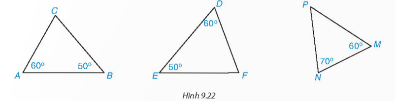 Những cặp tam giác nào trong Hình 9.22 là đồng dạng? Viết đúng kí hiệu đồng dạng. (ảnh 1)