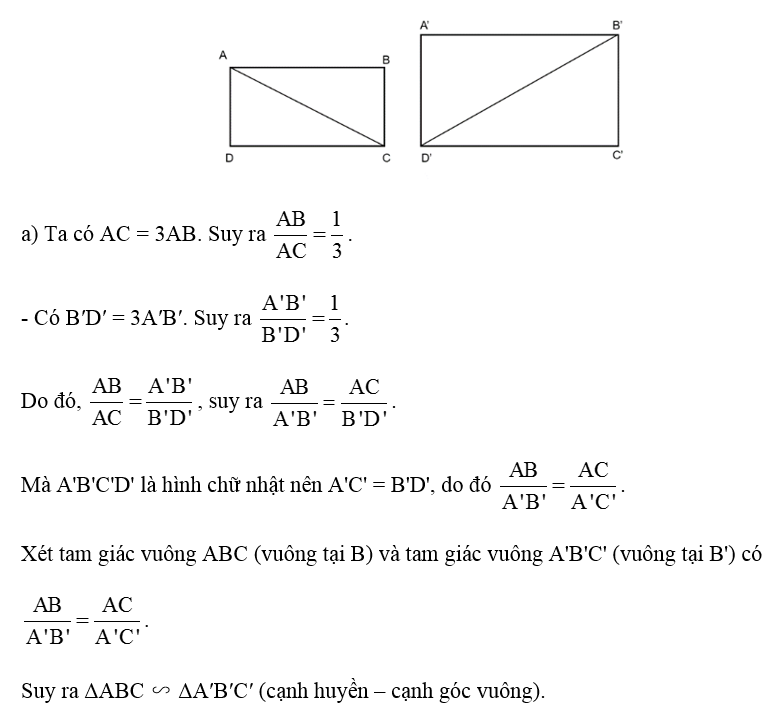 Cho hai hình chữ nhật ABCD và A'B'C'D' thỏa mãn AC = 3AB, B′D′ = 3A′B′. (ảnh 1)