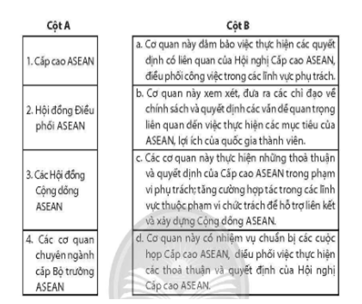 Nối các ý ở cột A với các ý ở cột B cho phù hợp về cơ chế hoạt động của một số cơ quan ASEAN. (ảnh 1)