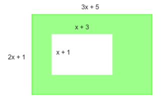 Cho hai hình chữ nhật như hình vẽ.   Đa thức theo biến x biểu thị diện tích của phần được tô màu xanh là A. 5x2 + 17x + 8; B. 5x2 + 9x + 2; C. 5x2 + 17x – 2; D. 5x2 – 9x – 2. (ảnh 1)