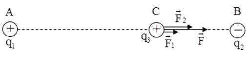 Hai điện tích q1 = 6.10-8 C, q2 = - 6.10-8 C đặt tại A, B trong không khí (AB = 8 cm). Xác định lực tác dụng lên q3 = 6.10-8 C, nếu: CA = 5 cm, CB = 3 cm (ảnh 1)