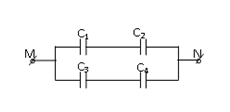 Bốn tụ điện mắc thành bộ theo sơ đồ như hình vẽ. Biết C1 = 1μF; C2 = C3 = 3 μF. Khi nối hai điểm M, N với nguồn điện thì C1 có điện tích q1 = 6μC và cả bộ tụ có điện tích q = 15,6 μC. Hiệu điện thế đặt vào bộ tụ đó là:    A. 4 V. 	 B. 6 V. 	 C. 8 V.  	 D. 10 V. (ảnh 1)