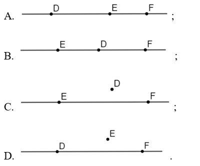 Cho ba điểm D, E, F thẳng hàng và điểm D nằm giữa hai điểm E và F. Hình vẽ nào dưới đây biểu diễn đúng? (ảnh 1)
