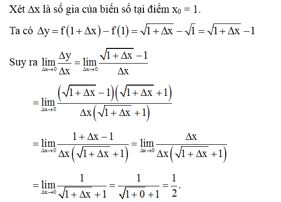 Tính đạo hàm của hàm số  tại điểm x0 = 1 bằng định nghĩa. (ảnh 1)