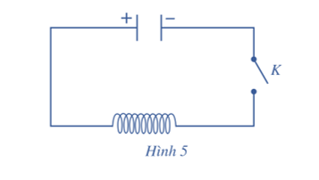 Cho mạch điện như Hình 5. Lúc đầu tụ điện có điện tích Q0. Khi đóng khóa K, tụ điện phóng điện qua cuộn dây (ảnh 1)