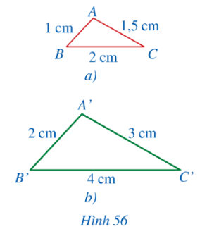 Mảnh đất trồng hoa của nhà bạn Hằng có dạng hình tam giác với độ dài các cạnh là 2 m, 3 m, 4 m. Bạn Hằng vẽ tam giác ABC có độ dài các cạnh là 1 cm, 1,5 cm, 2 cm để mô tả hình ảnh mảnh vườn đó (Hình 56a). Bạn Khôi nói rằng tam giác ABC nhỏ quá và vẽ tam giác A’B’C’ có độ dài các cạnh là 2 cm, 3 cm, 4 cm (Hình 56b).   Hai tam giác A’B’C’ và ABC có đồng dạng hay không? (ảnh 1)