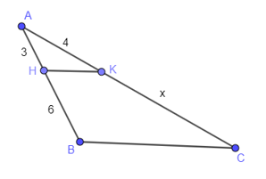 Cho hình vẽ, biết HK // BC. Độ dài x bằng:    A. 5; B. 7; C. 8; D. 9. (ảnh 1)