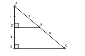 Cho hình vẽ, độ dài x trong hình là:   A. 3; B. 6; C. 5; D. 4. (ảnh 1)