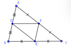 Trong hình vẽ dưới đây có bao nhiêu đoạn thẳng song song với các cạnh của tam giác ABC?   A. 1; B. 2; C. 3; D. 4. (ảnh 1)