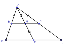 Cho tam giác ABC, AB = 4 cm, AC = 6 cm, BC = 8 cm. Kéo dài AB lấy điểm D sao cho AB = BD, kéo dài AC lấy điểm E sao cho AC = CE, kéo dài trung tuyến AM của tam giác ABC lấy F sao cho AM = MF. Khẳng định nào sau đây là đúng? A. DE = 6 cm; B. BC // MF; C. D, E, F thẳng hàng; D. CE = 4 cm. (ảnh 1)