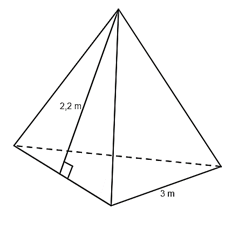 Một cái lều vải có dạng hình chóp tam giác đều với độ dài cạnh đáy là 3 m và chiều cao của tam giác mặt bên kẻ từ đỉnh của hình chóp bằng 2,2 m (hình bên dưới).  Biết mép may là không đáng kể và mỗi mét vuông vải bạt có giá 40 000 đồng. Số tiền vải bạt cần dùng để phủ quanh chiếc lều là (ảnh 1)