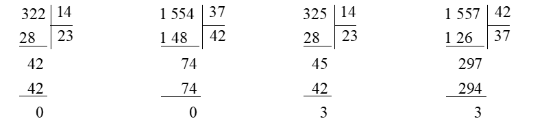 Đặt tính rồi tính 322 : 14	1 554 : 37		325 : 14		1 557 : 42 (ảnh 1)