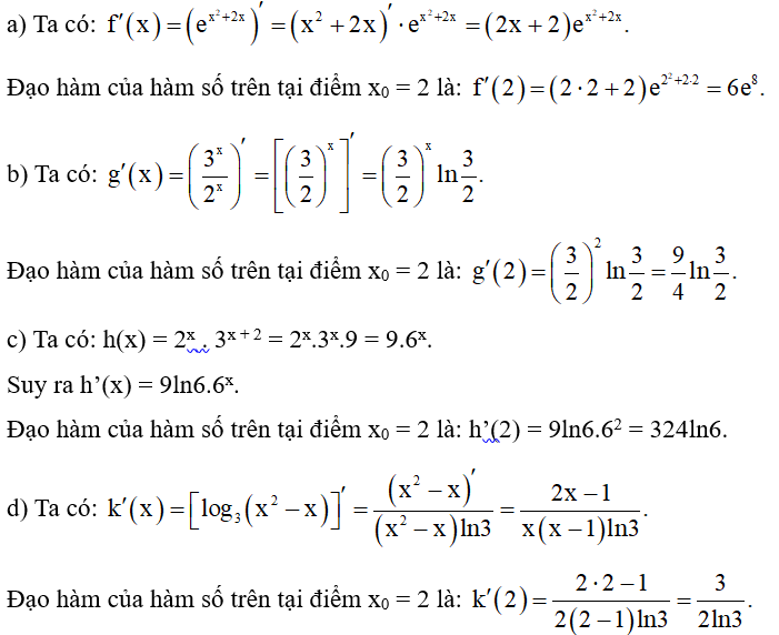 Tính đạo hàm của mỗi hàm số sau tại điểm x0 = 2: (ảnh 1)
