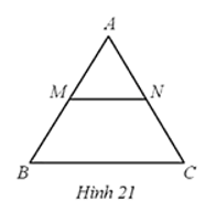 Hình 21 cho biết cạnh của tam giác đều ABC bằng 6 cm; M, N lần lượt là trung điểm các cạnh AB, AC. Chỉ ra phát biểu sai trong các phát biểu sau: a) Tam giác AMN là tam giác đều. b) Hình thang BMNC là hình thang cân. c) Chu vi tứ giác BMNC bằng hai phần ba chu vi tam giác ABC. d) Độ dài đường trung bình MN bằng 2 cm.   (ảnh 1)