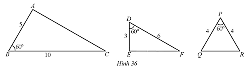Quan sát Hình 36 và chỉ ra một cặp tam giác đồng dạng: (ảnh 1)