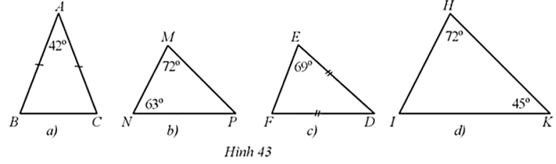 Quan sát Hình 43 và chỉ ra hai cặp tam giác đồng dạng: (ảnh 1)