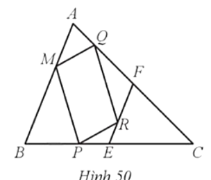 Cho tam giác ABC có E, F lần lượt là trung điểm của BC, AC. Các điểm M, P, R, Q lần lượt nằm trên AB, BE, EF, FA sao cho   (Hình 50).   (ảnh 1)