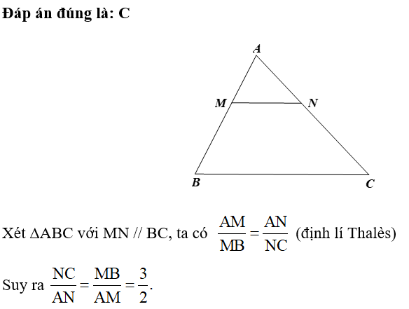 Cho tam giác ABC. Các điểm M, N lần lượt thuộc các cạnh AB và AC thỏa mãn MN // BC và AM/MB = 2/3  Tỉ số NC/ AN  bằng (ảnh 1)