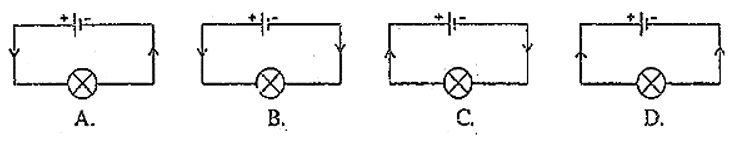Hình nào sau đây biểu diễn đúng chiều quy ước của dòng điện?   A. Hình A. B. Hình B. C. Hình C. D. Hình D. (ảnh 1)