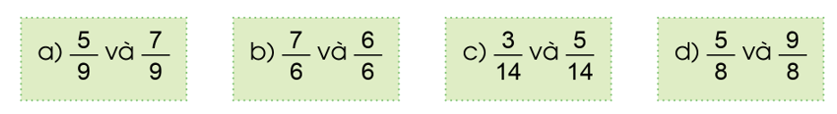 So sánh hai phân số:  a) 5/9 và 7/9   b) 7/6 và 6/6   c) 3/ 14 và 5/ 14 (ảnh 1)