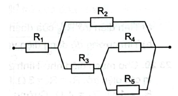 Cho mạch điện như hình vẽ. Các giá trị điện trở R1= 6 ôm, R2= 4 ôm, R3= 2 ôm, R4 = 3 ôm, R 5= 6 ôm,.Tính hiệu điện thế giữa hai đầu điện trở   nếu cường độ dòng điện qua điện trở   có giá trị   (ảnh 1)