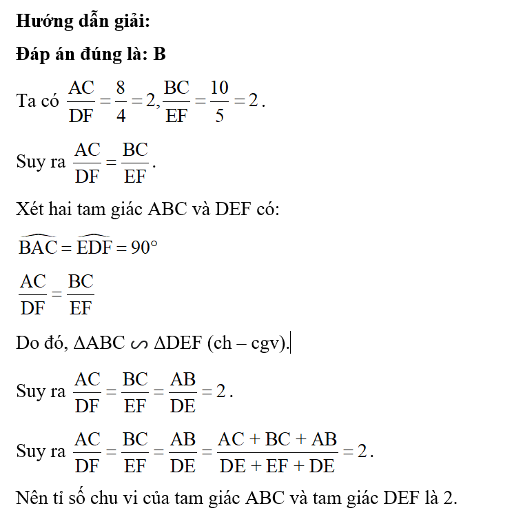 Cho tam giác ABC vuông tại A có BC = 10 cm, AC = 8 cm và tam giác DEF vuông tại D có EF = 5 cm (ảnh 1)