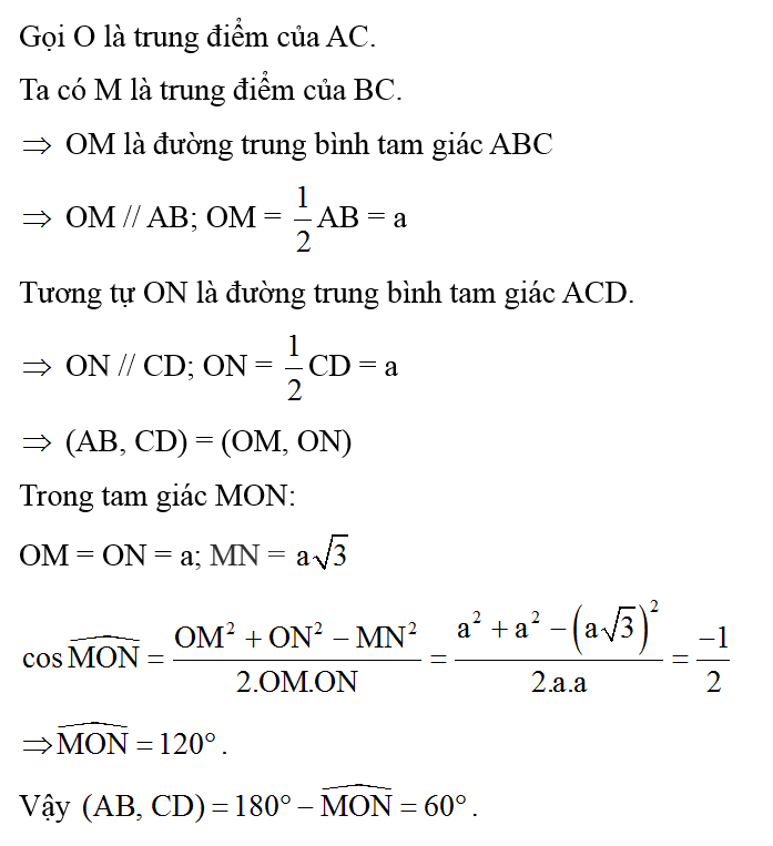 Cho tứ diện ABCD. Gọi M, N lần lượt là trung điểm của BC và AD. Biết AB = CD = 2a (ảnh 2)
