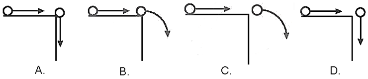 Một quả bóng đặt trên mặt bàn được truyền một vận tốc theo phương nằm ngang. Hình nào dưới đây mô tả đúng quỹ đạo của quả bóng khi rời khỏi mặt bàn? (ảnh 1)