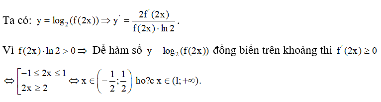 Cho hàm số y = f(x)  liên tục, nhận giá trị dương trên R , đồ thị hàm số y = f'(x)  được mô tả như hình vẽ bên. Xác định tất cả các khoảng đồng biến của hàm số  .   (ảnh 2)