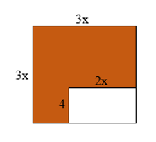 Thửa đất hình vuông có cạnh 3x, bên trong thửa đất đã canh tác một khoảng đất hình chữ nhật có độ dài hai cạnh là 2x và 4 để trồng cà chua. Hệ số cao nhất của biểu thức biểu thị diện tích thửa đất chưa canh tác còn lại là   A. 6;           B. 7;            C. 8;            D. 9. (ảnh 1)