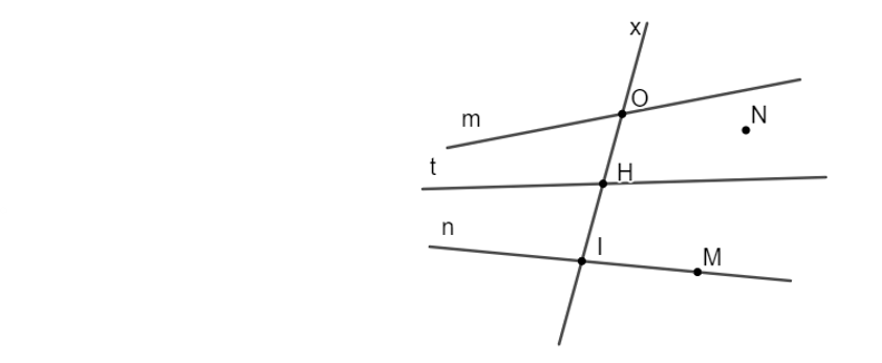 Cho hình vẽ sau:   Đường thẳng n đi qua những điểm nào? A. Điểm O và điểm H; B. Điểm H và điểm I; C. Điểm I và điểm M; D. Điểm M. (ảnh 1)